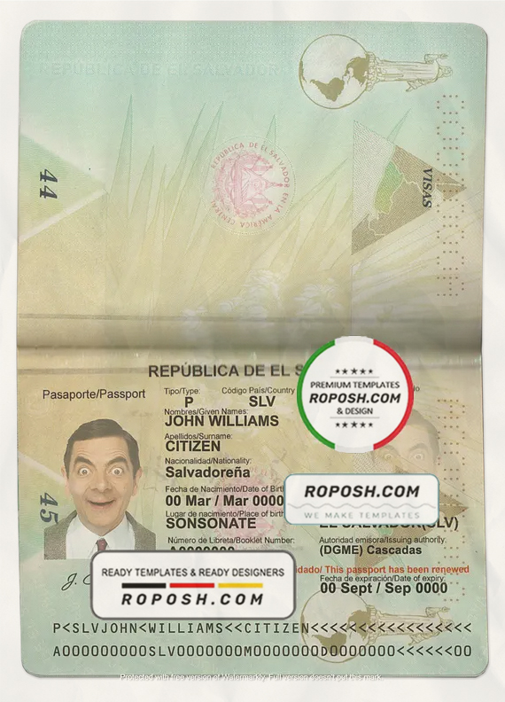 Salvador passport template in PSD format, fully editable scan effect