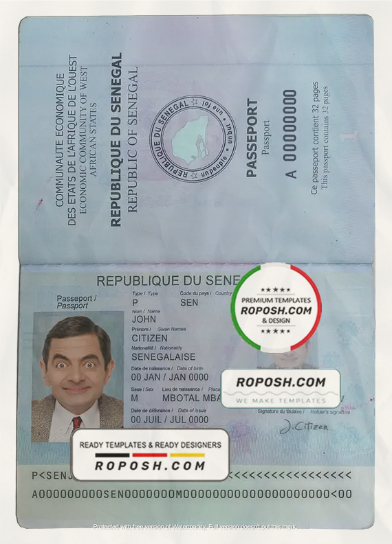 Senegal passport template in PSD format, fully editable scan effect
