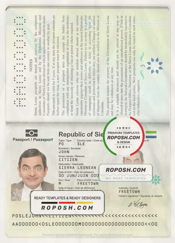 Sierra Leone passport template in PSD format, fully editable scan effect