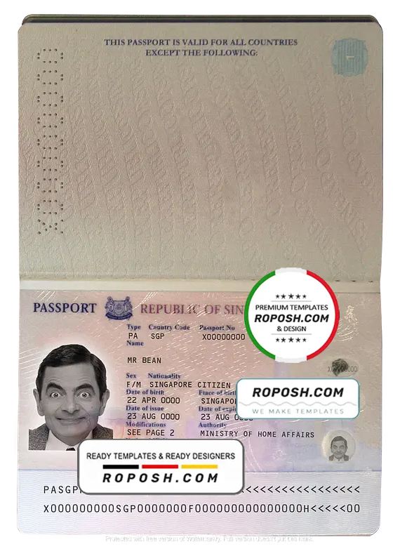 Singapore passport template in PSD format, fully editable, with all ...