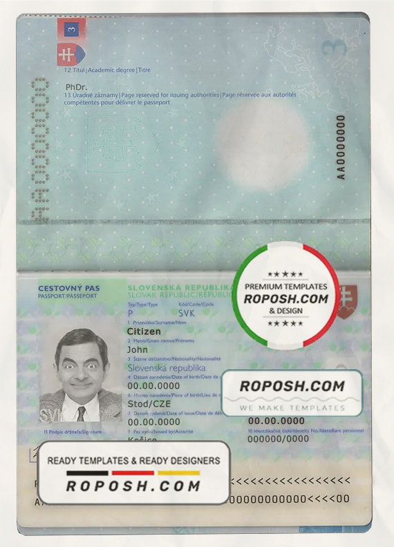 Slovakia passport template in PSD format, fully editable scan effect