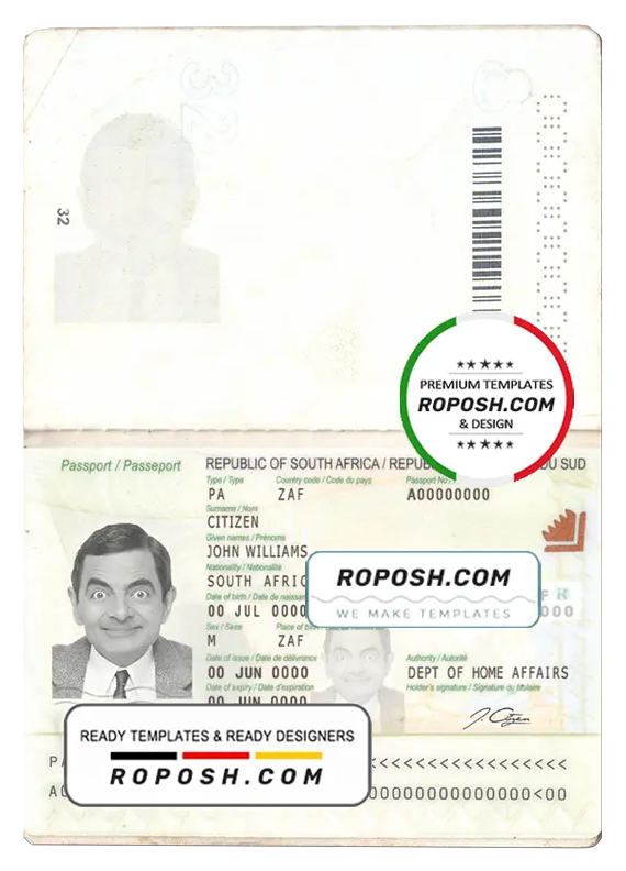 South Africa passport in PSD format, fully editable (2009 - present)