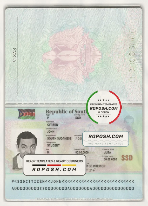 South Sudan passport template in PSD format, fully editable scan effect