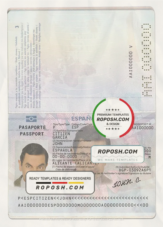 Spain passport template in PSD format, fully editable (till 2015) scan effect