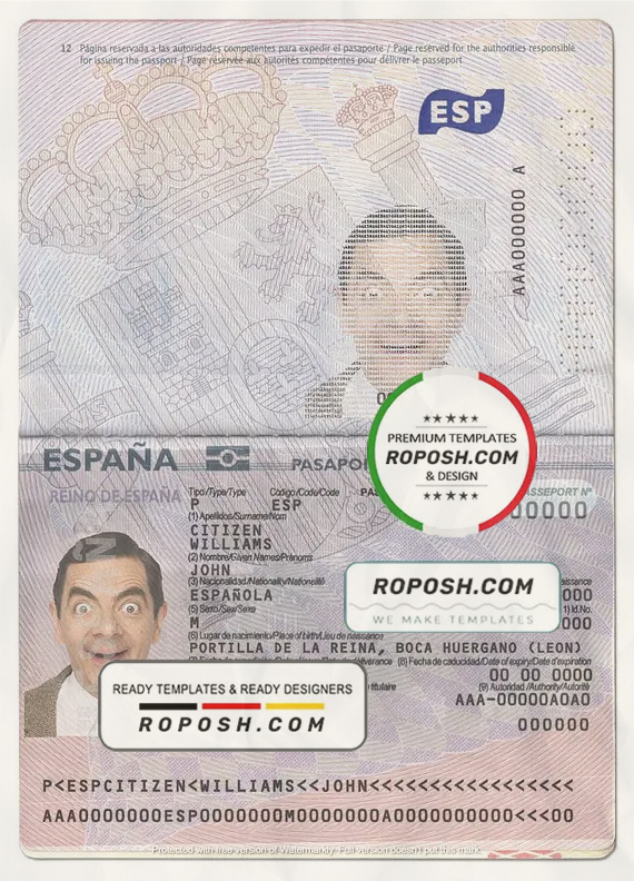 Spain passport template in PSD format, fully editable (2015 - present) scan effect