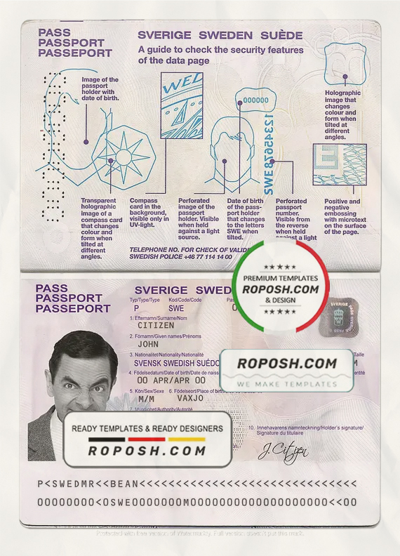 Sweden passport template in psd format, fully editable, with all fonts scan effect