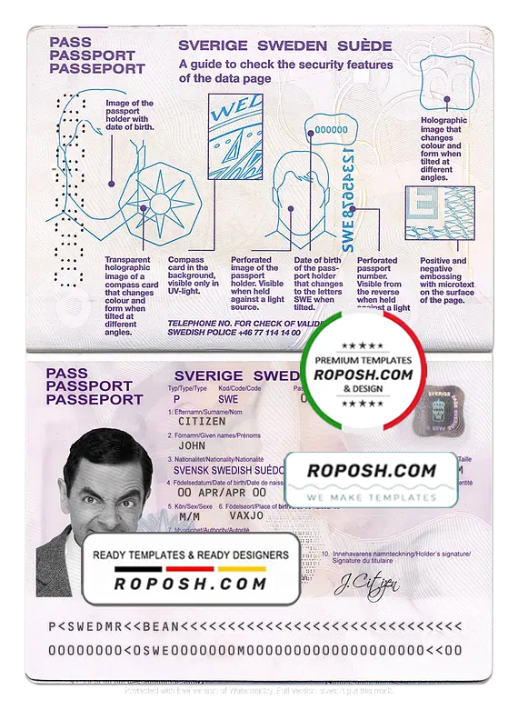 Sweden passport template in psd format, fully editable, with all fonts