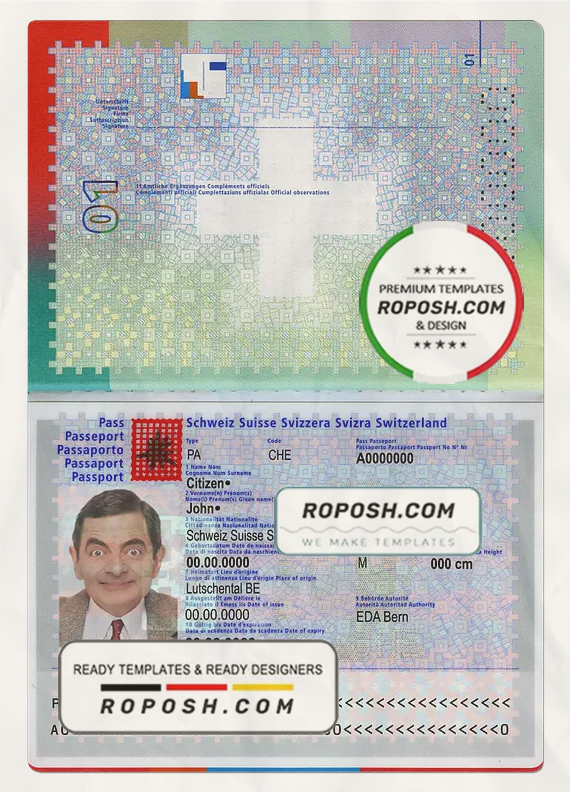Switzerland passport template in PSD format, fully editable, with all fonts scan effect