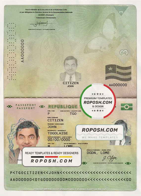 Togo passport template in PSD format scan effect