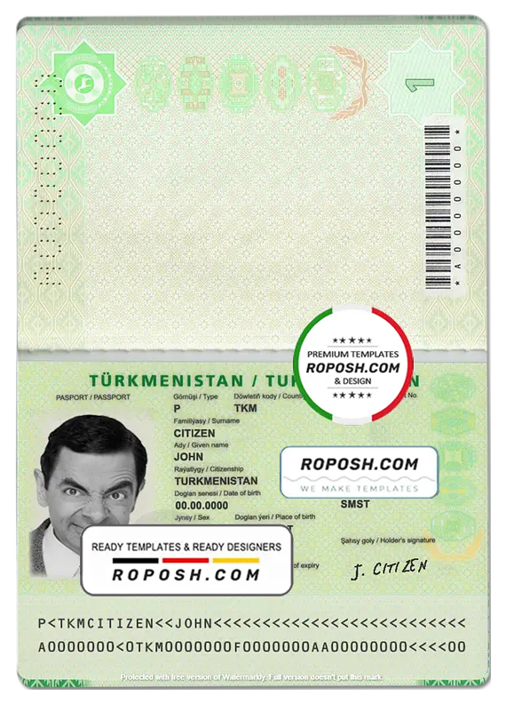 Turkmenistan passport template in PSD format, fully editable
