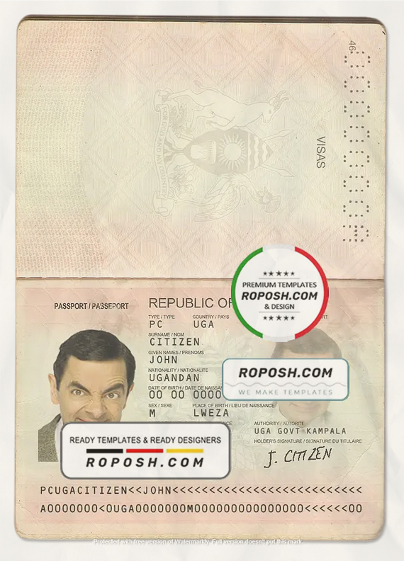 Uganda passport template in PSD format, fully editable scan effect