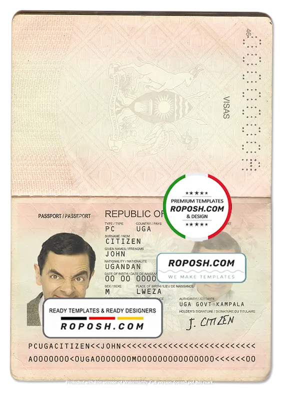 Uganda passport template in PSD format, fully editable