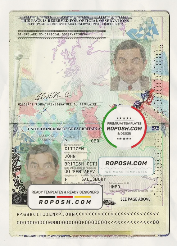 United Kingdom of Great Britain and Northern Ireland passport template in PSD format, fully editable scan effect
