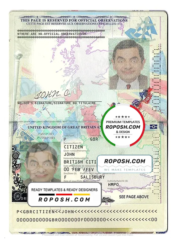 United Kingdom of Great Britain and Northern Ireland passport template in PSD format, fully editable