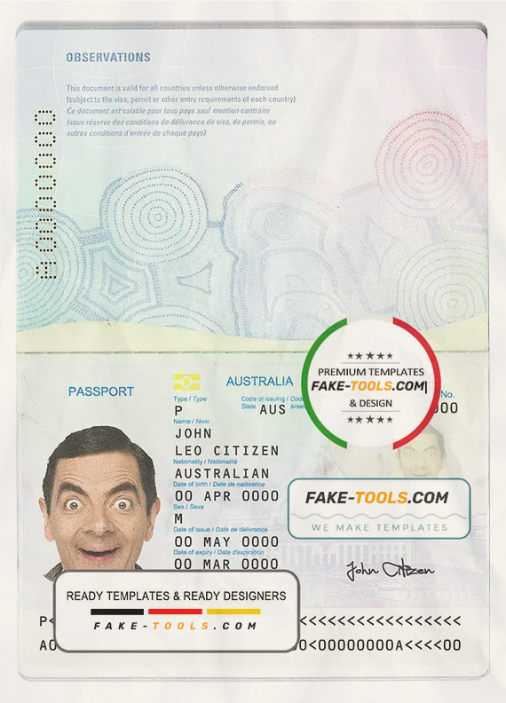 Australian standard passport template in PSD format, fully editable, with all fonts scan effect
