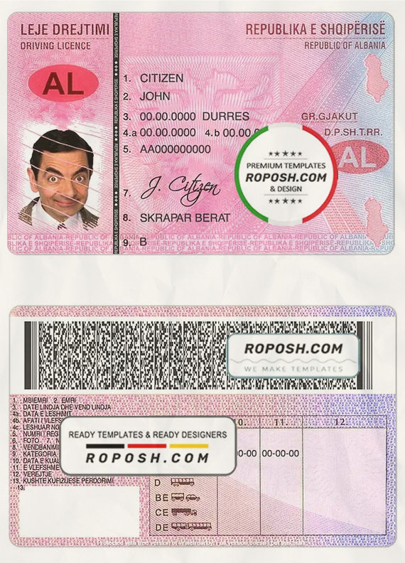 Albania driving license template in PSD format, with all fonts scan effect