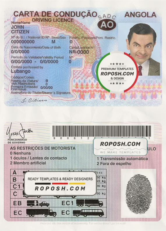 Angola driving license template in PSD format, fully editable, with all fonts scan effect