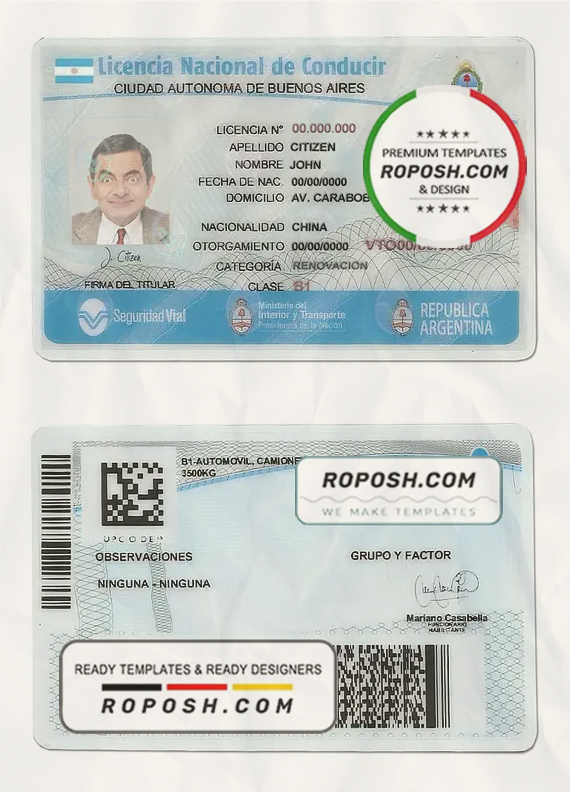 Argentina Buenos Aires driving license template in PSD format, fully editable scan effect