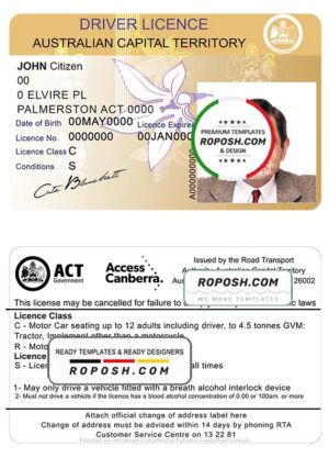 Australia Capital state driving license template in PSD format, fully editable, with all fonts