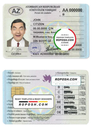 Azerbaijan driving license template in PSD format, fully editable, with all fonts (2013 – present)