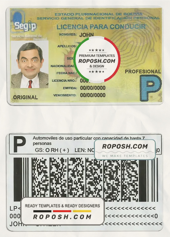 Bolivia driving license template in PSD format, fully editable scan effect