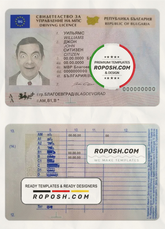Bulgaria driving license template in PSD format, fully editable (2010 - present) scan effect