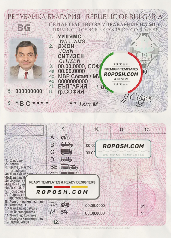 Bulgaria driving license template in PSD format, fully editable scan effect