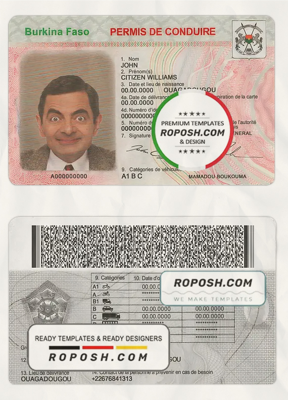 Burkina Faso driving license template in PSD format, fully editable scan effect