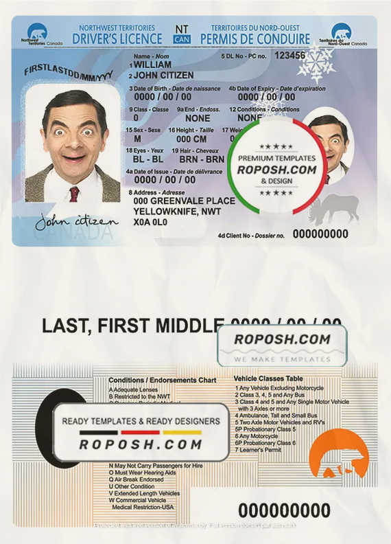Canada Northwest Territories driver's license template in PSD format, fully editable scan effect