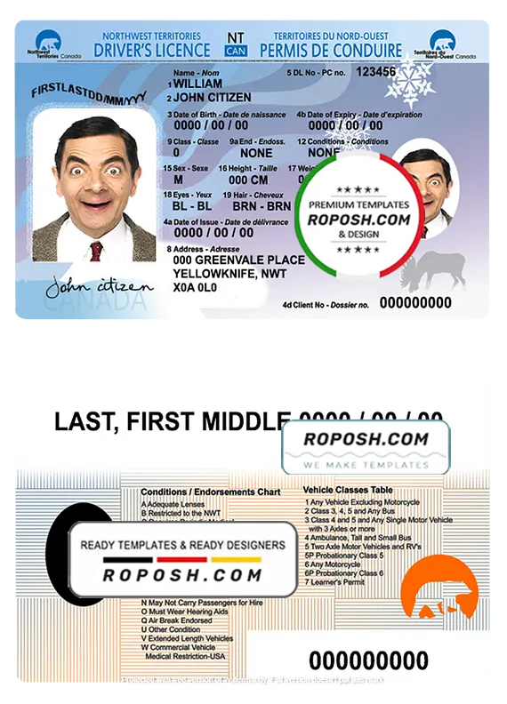 Canada Northwest Territories driver's license template in PSD format, fully editable