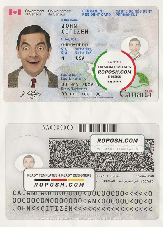 Canada Permanent resident card template in PSD format, fully editable, + editable PSD photo look scan effect