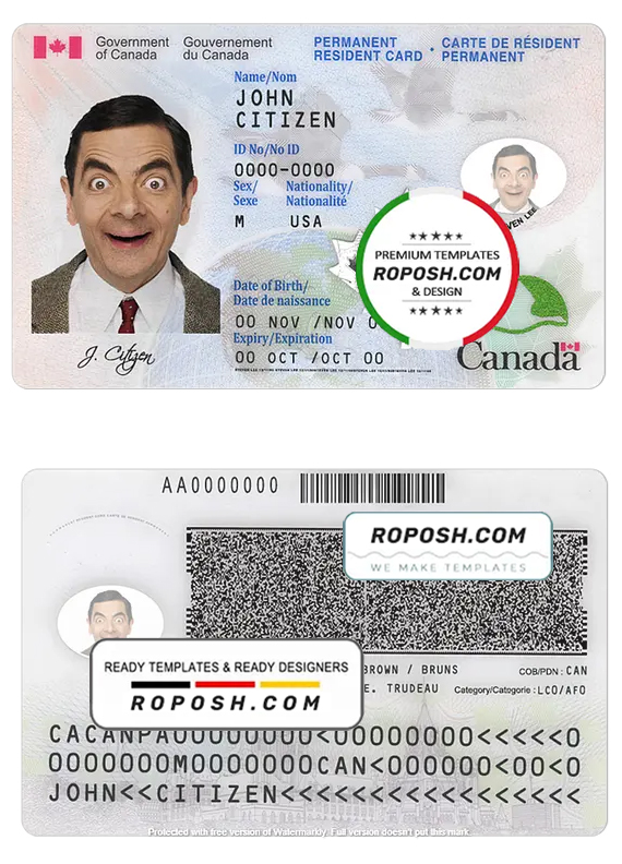 Canada Permanent resident card template in PSD format, fully editable, + editable PSD photo look