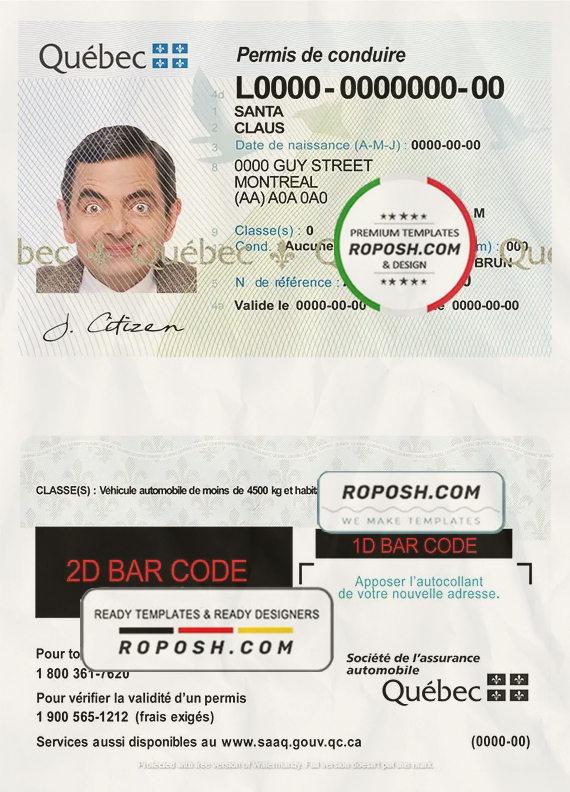 Canada Quebec driving license template in PSD format scan effect