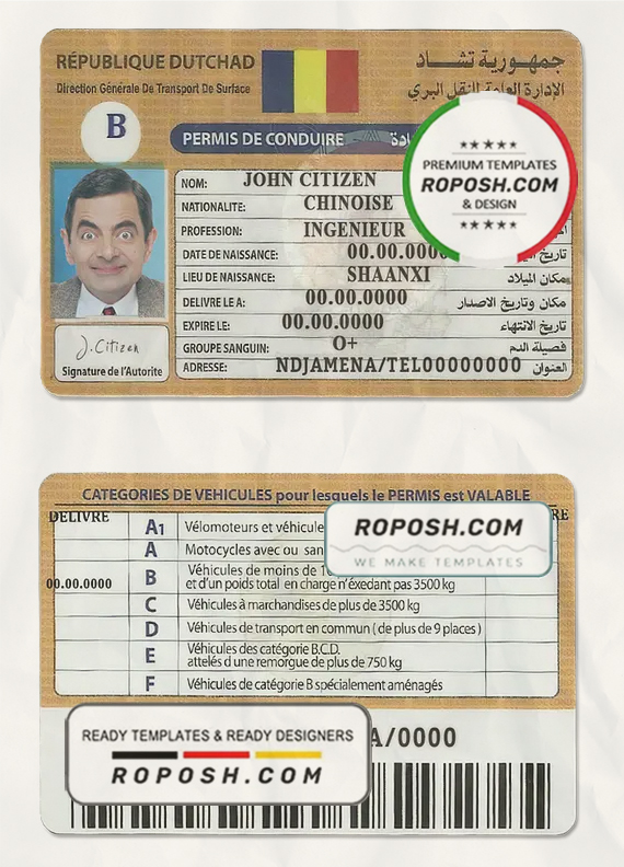 Chad (République du Tchad) driving license template in PSD format, fully editable scan effect