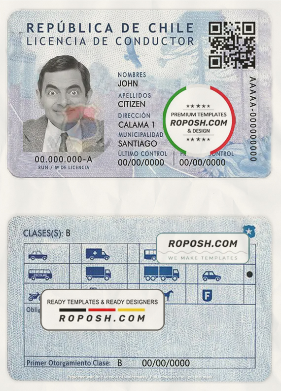 Chile driving license template in PSD format, fully editable, with all fonts