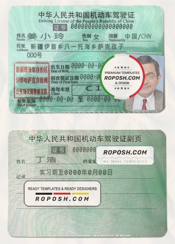 China driving license template in PSD format, fully editable scan effect