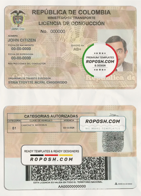 Colombia driving license template in PSD format, fully editable scan effect