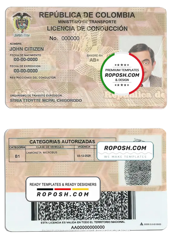 Colombia driving license template in PSD format, fully editable