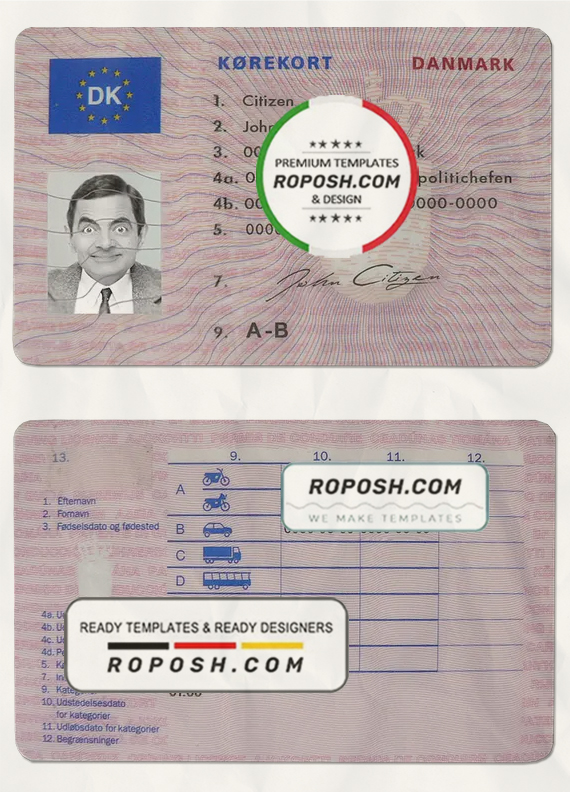 Denmark driving license template in PSD format, fully editable (1997 - 2013) scan effect