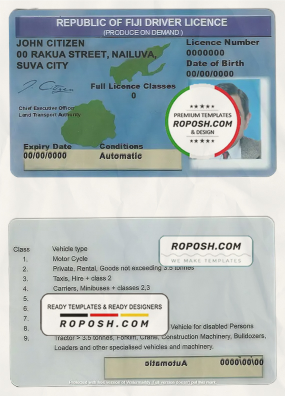 Fiji driving license template in PSD format, fully editable scan effect