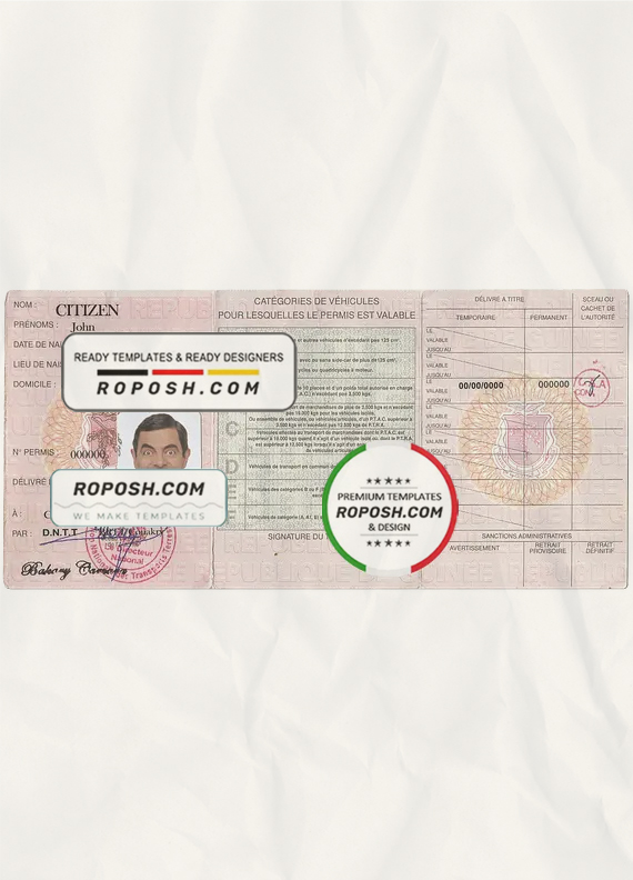 Guinea driving license template in PSD format, fully editable scan effect
