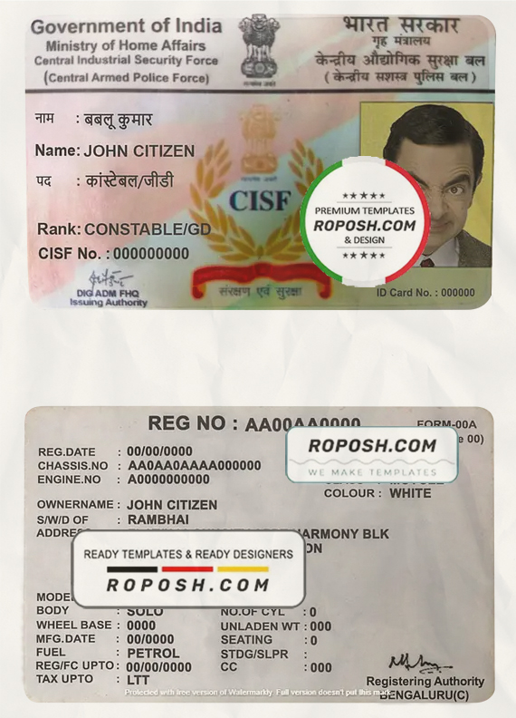India CISF driver license template in PSD format, fully editable scan effect