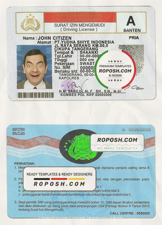Indonesia driving license template in PSD format, fully editable scan effect