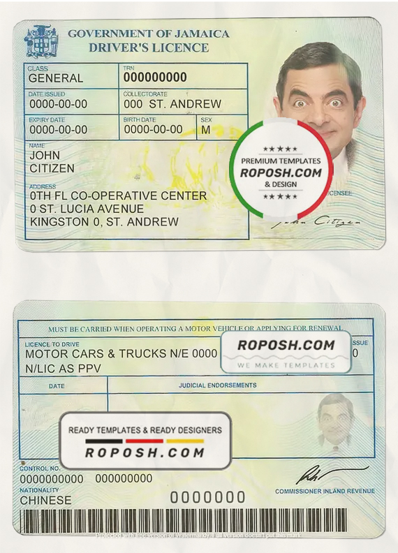 Jamaica driving license template in PSD format, fully editable scan effect