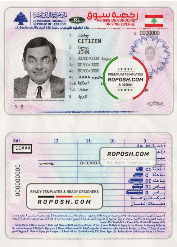 Lebanon driving license template in PSD format, fully editable scan effect