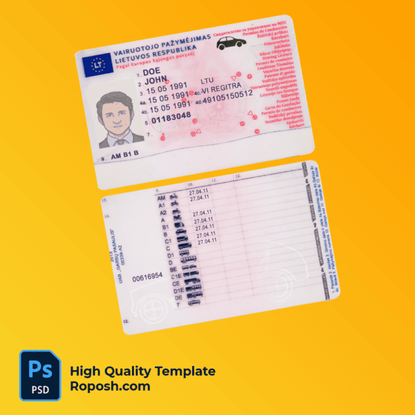 Lithuania (Litva) driving license template in PSD format, fully editable