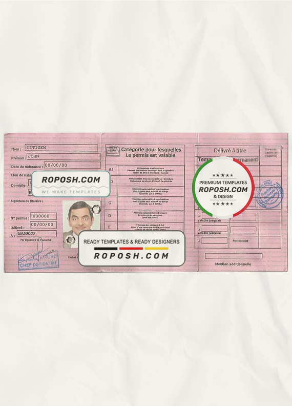Mali driving license template in PSD format, fully editable scan effect