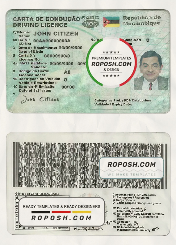 Mozambique driving license template in PSD format, fully editable scan effect