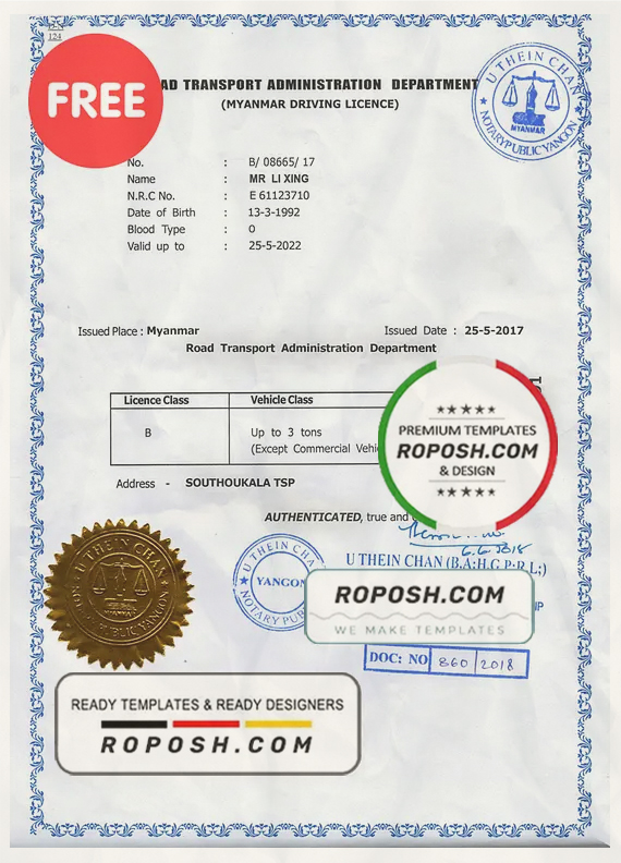 Myanmar driving license template in PSD format, fully editable, with all fonts scan effect