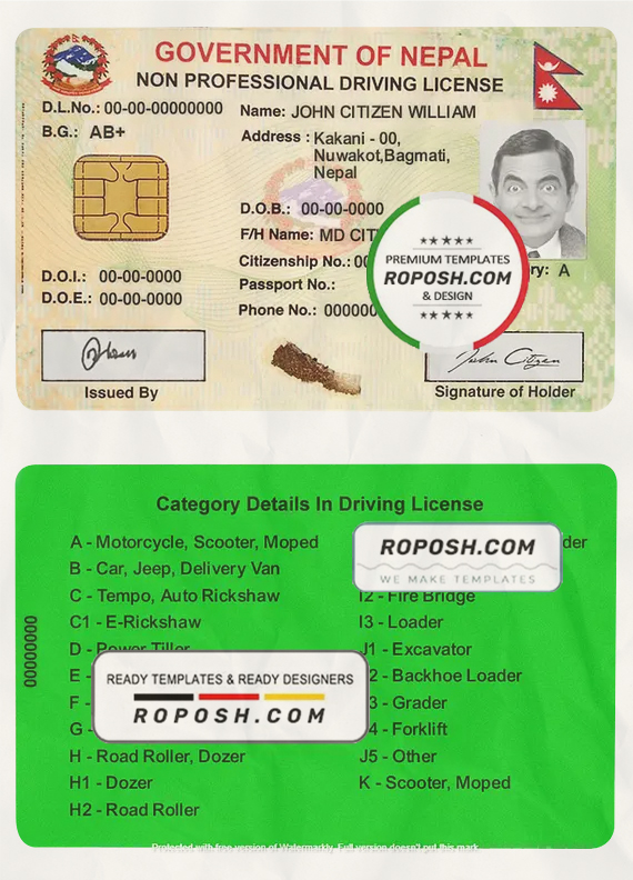 Nepal smart driver license template in PSD format, fully editable scan effect